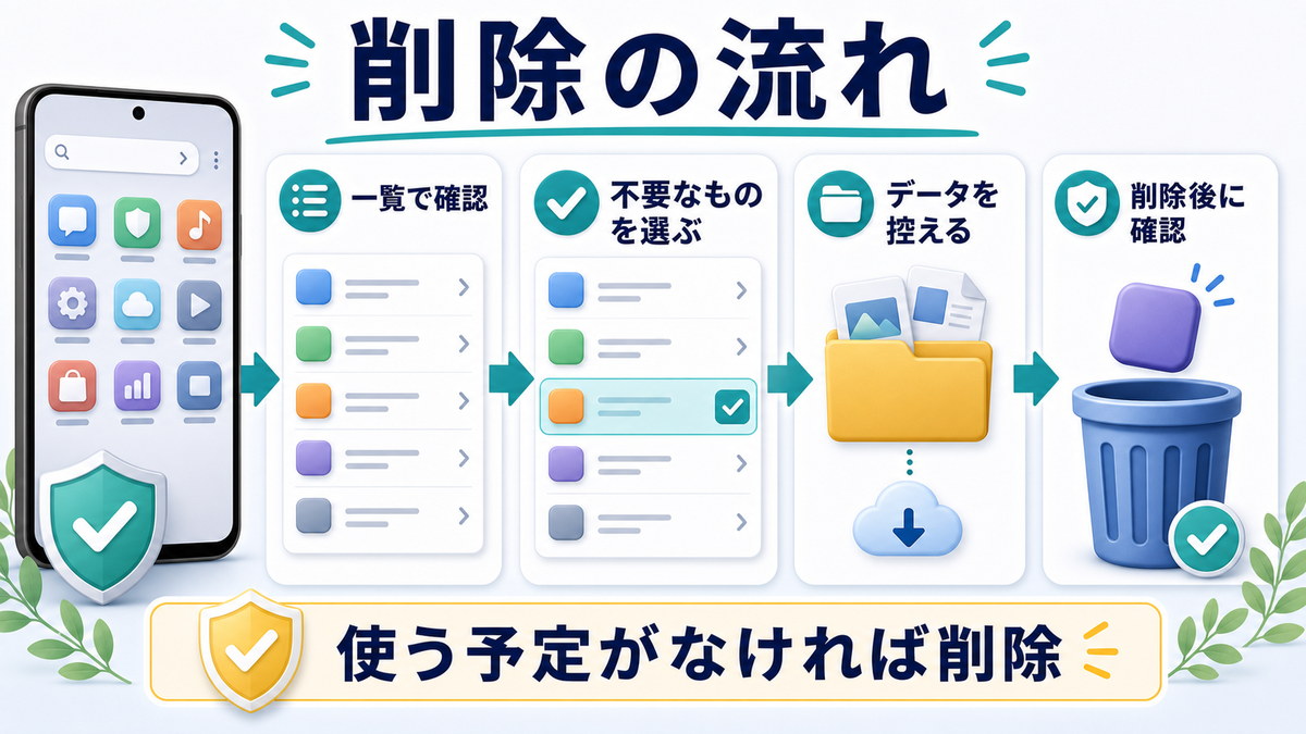 Androidの不要なアプリを一覧で確認し不要なものを選びデータを控えて削除後に確認する図解