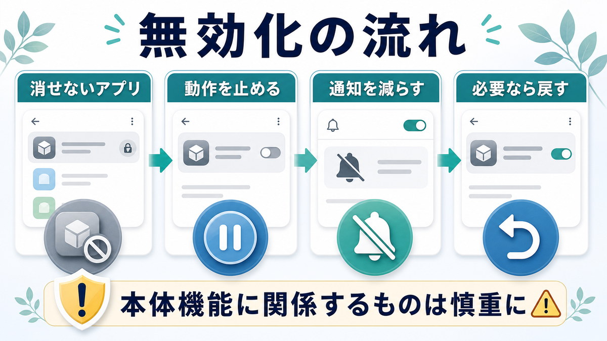 Androidの消せないアプリを無効化して動作を止め通知を減らし必要なら戻す流れの図解