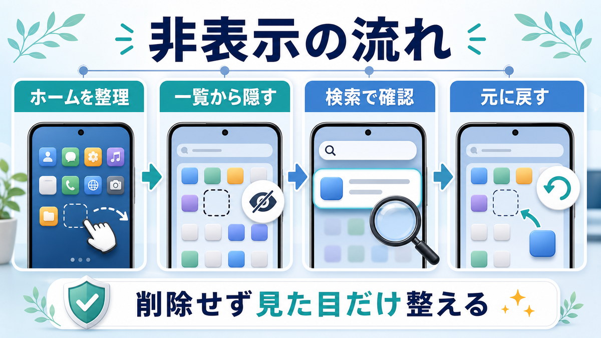 Androidの不要なアプリを削除せずホームを整理し一覧から隠して検索で確認し元に戻す図解