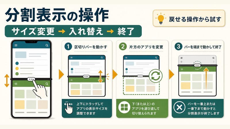Androidの分割表示で区切りバーを動かしてサイズ変更しアプリを入れ替えて終了する操作図解