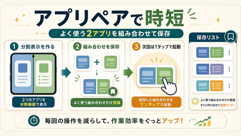 Samsung Galaxyのアプリペアでよく使う2アプリの組み合わせを保存し次回1タップで起動する流れの図解