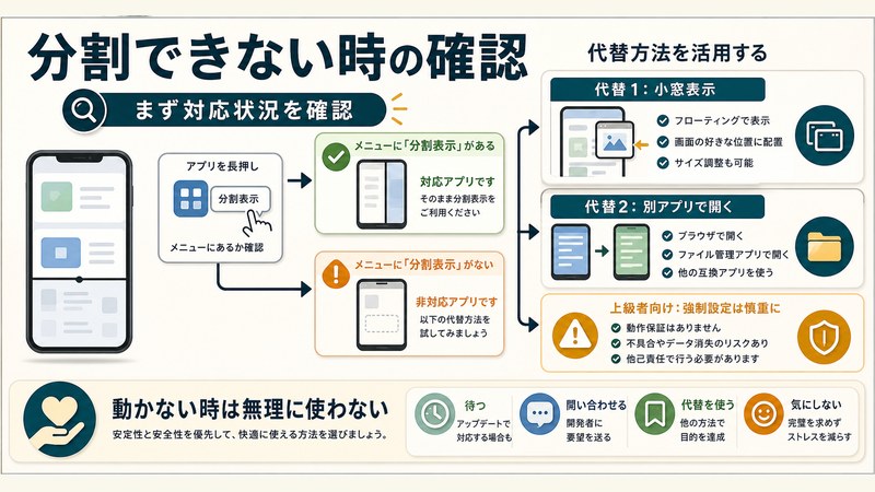 Androidで画面分割できないアプリの対応状況を確認し小窓表示や別アプリで代替する流れの図解