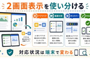 アプリペア、画面分割、タスクバー、対応確認を整理し、対応状況は端末で変わることを示す日本語アイキャッチ画像