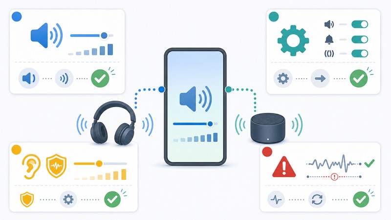 端末音量、音声機器設定、保護機能、音量安定化を整理した日本語図解