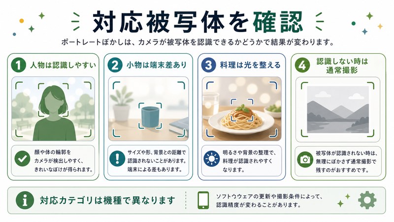 人物、小物、料理、通常撮影への切り替え、対応カテゴリの機種差を整理した日本語図解