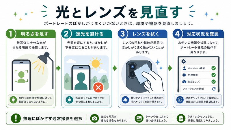 明るさ、逆光、レンズ清掃、対応状況確認、通常撮影の選択を整理した日本語図解
