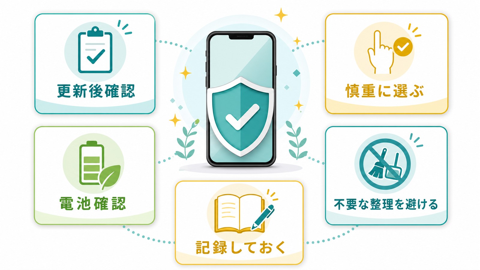 更新後確認慎重に選ぶ電池確認不要な整理を避ける記録しておく予防策を整理した図解