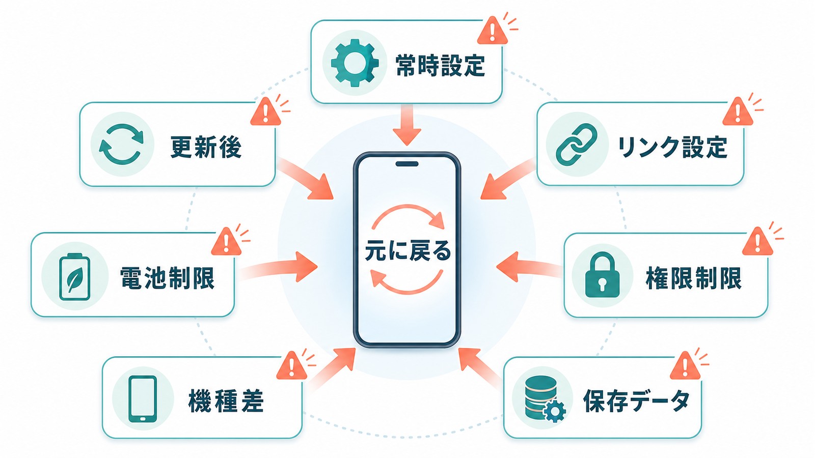 常時設定更新後リンク設定電池制限権限制限機種差保存データが原因でデフォルトアプリが元に戻る流れを整理した図解
