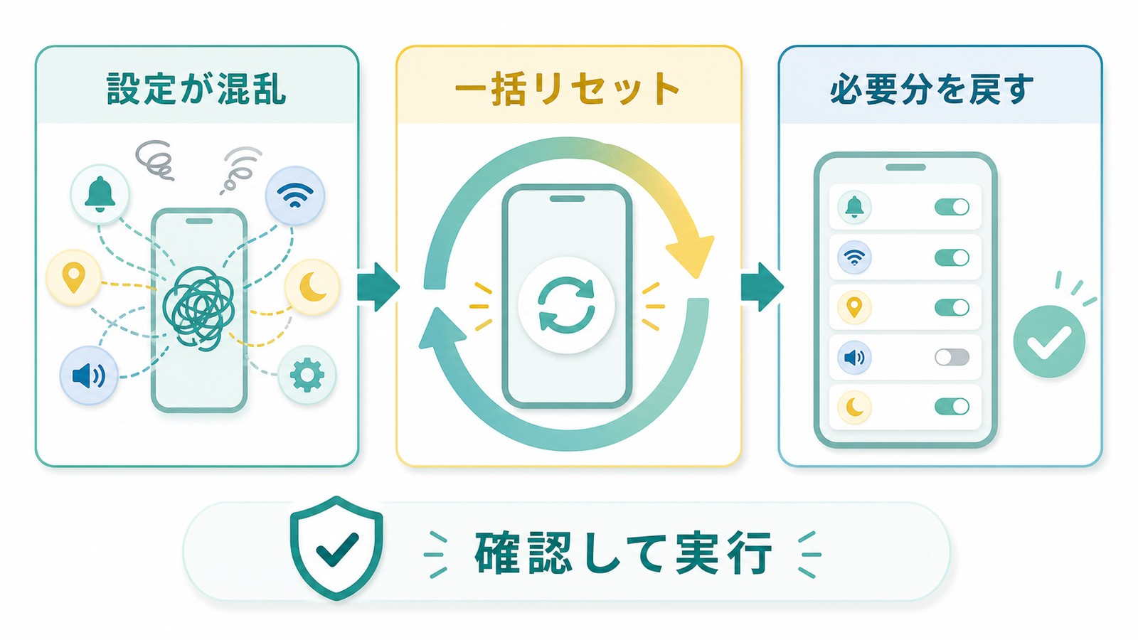 アプリ設定が混乱している時に一括リセットして必要分を戻す流れを整理した図解