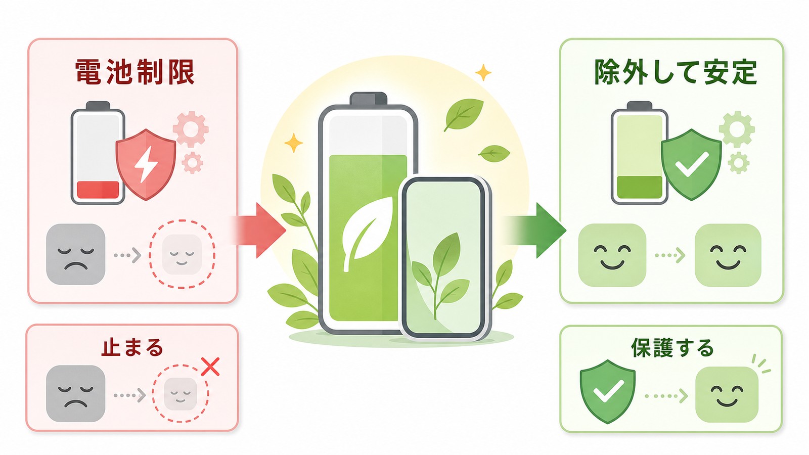 電池制限でアプリが止まる時に除外して安定させる流れを整理した図解