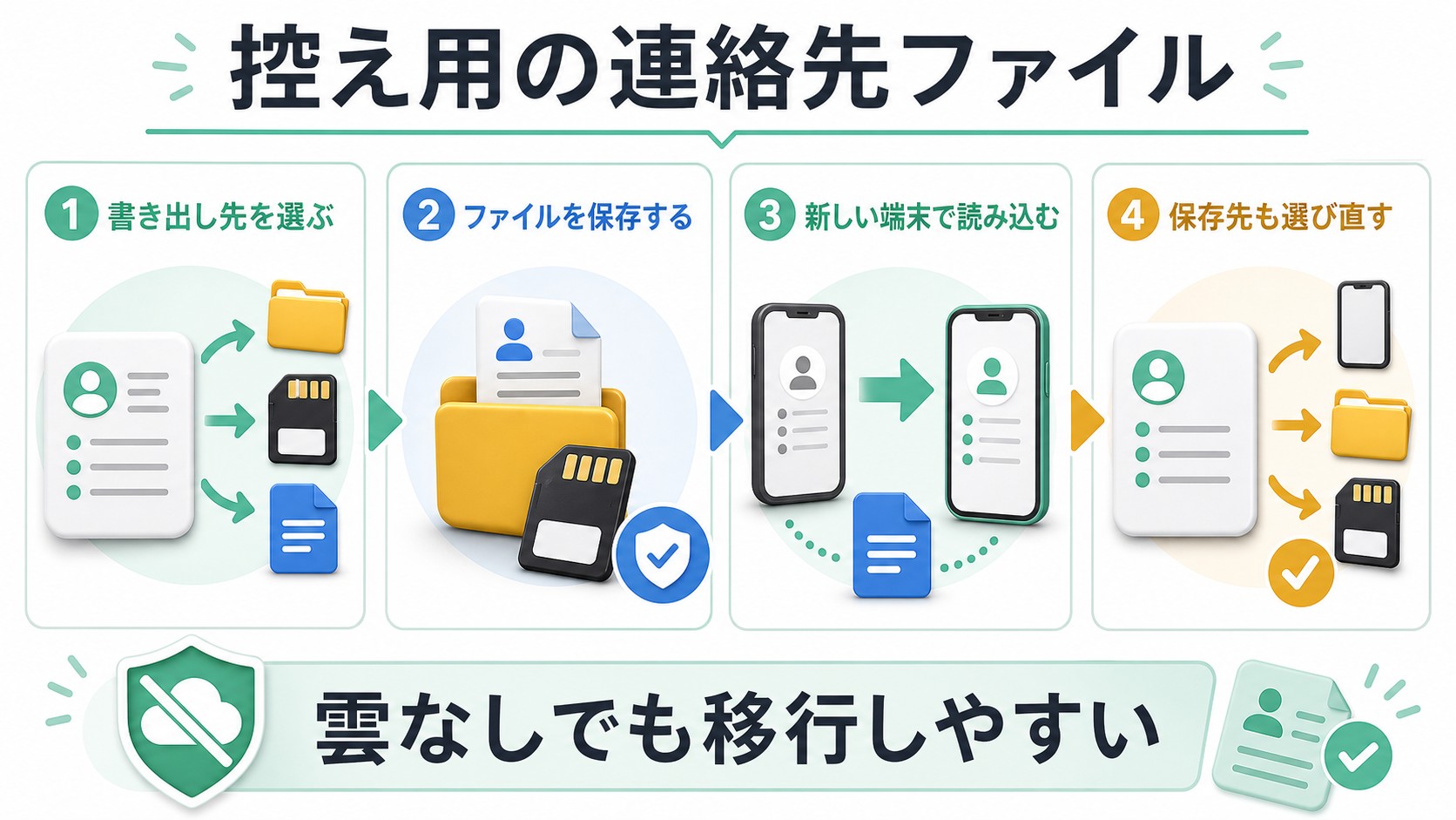 連絡先の控え用ファイルを書き出して新しい端末へ読み込む流れ