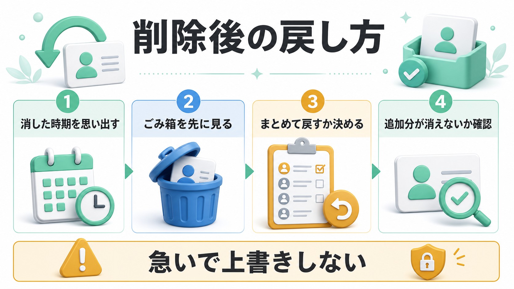 削除後にごみ箱と復元時点を確認して戻す流れの図解