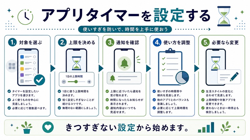 対象アプリ、上限、通知、使い方の調整、必要時の変更を確認する流れを示す日本語図解