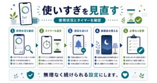 使用状況の確認、アプリタイマー、通知、就寝前表示、必要時の変更を整理した日本語アイキャッチ画像