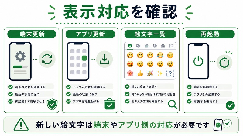 端末更新、アプリ更新、絵文字一覧、再起動を整理した日本語図解