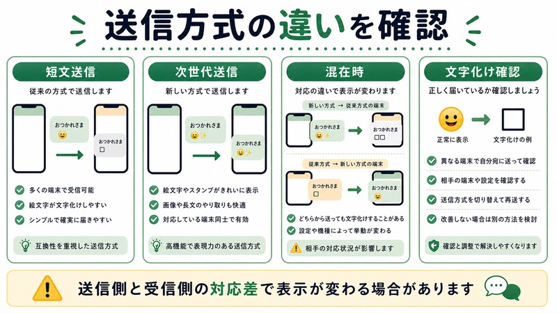 短文送信、次世代送信、混在時、文字化け確認を整理した日本語図解