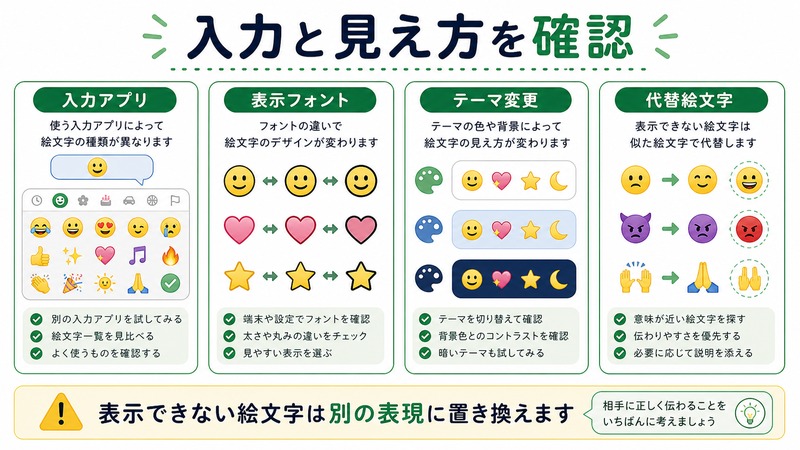 入力アプリ、表示フォント、テーマ変更、代替絵文字を整理した日本語図解