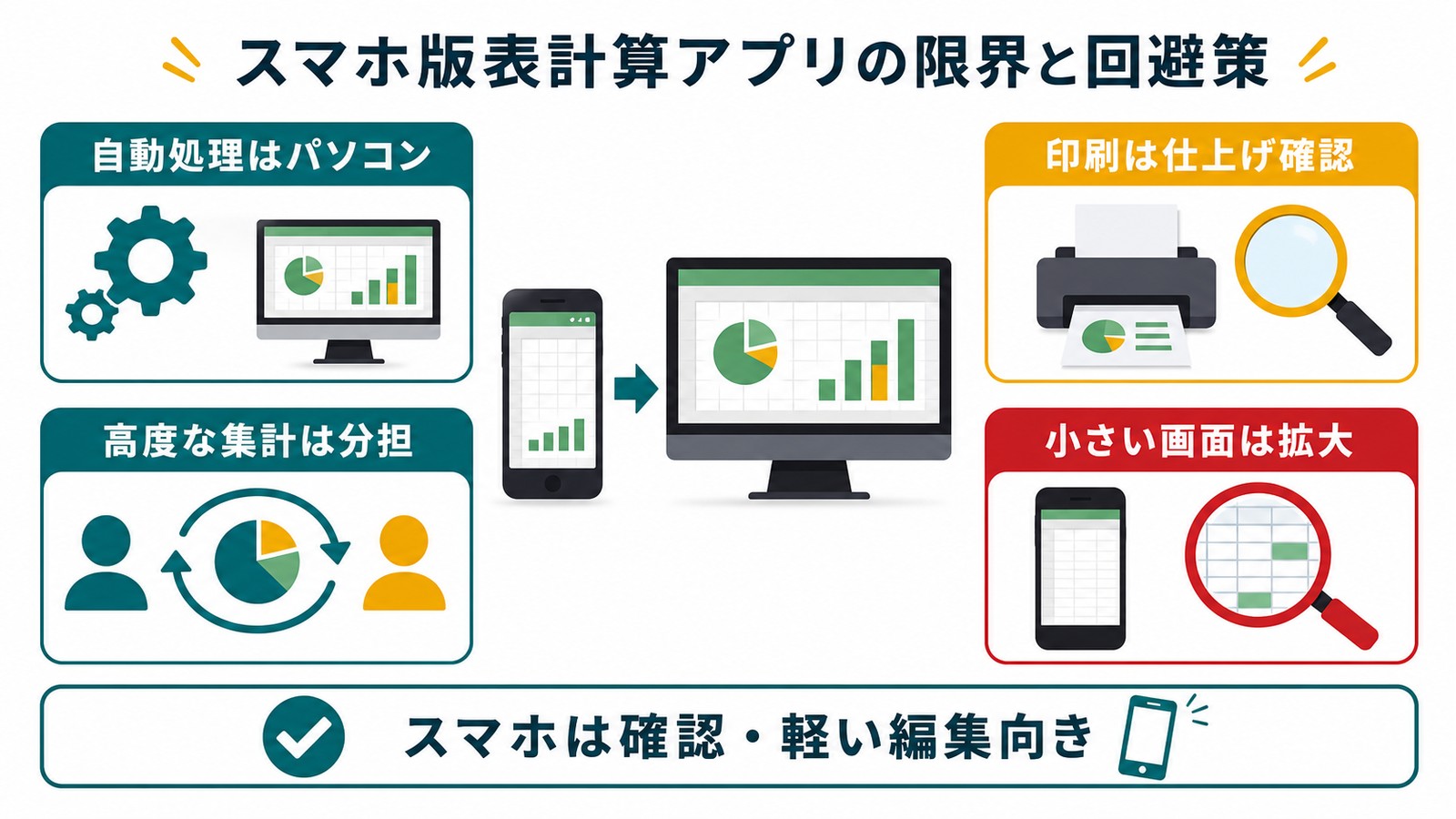 スマホ版Excelの限界として自動処理印刷高度な集計小さい画面をパソコンや拡大で回避する図解