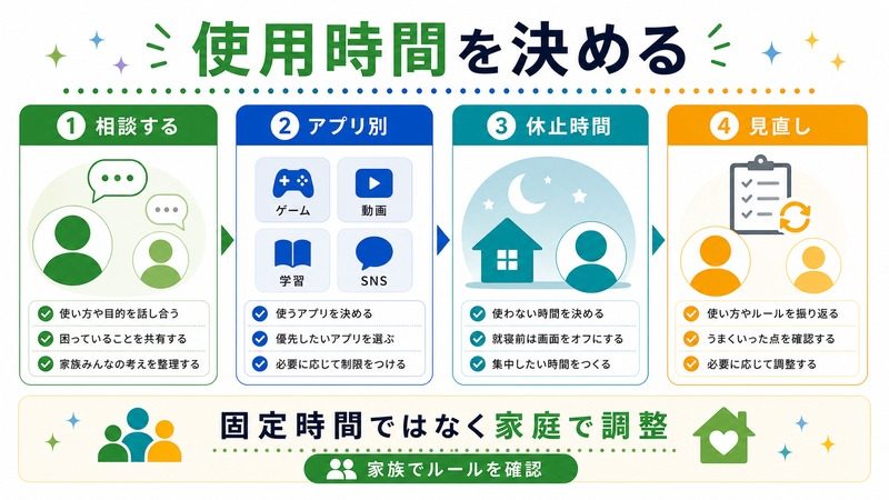 相談する、アプリ別、休止時間、見直しを固定時間ではなく家庭で調整する日本語図解