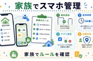 端末追加、使用時間、アプリ承認、位置共有を家族で確認する日本語アイキャッチ画像