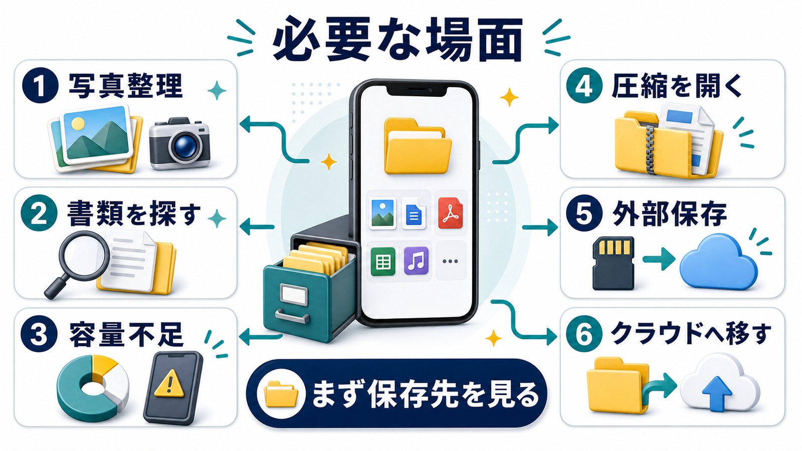 Androidで写真整理書類検索容量不足圧縮ファイル外部保存クラウド移動などファイル管理アプリが役立つ場面の図解