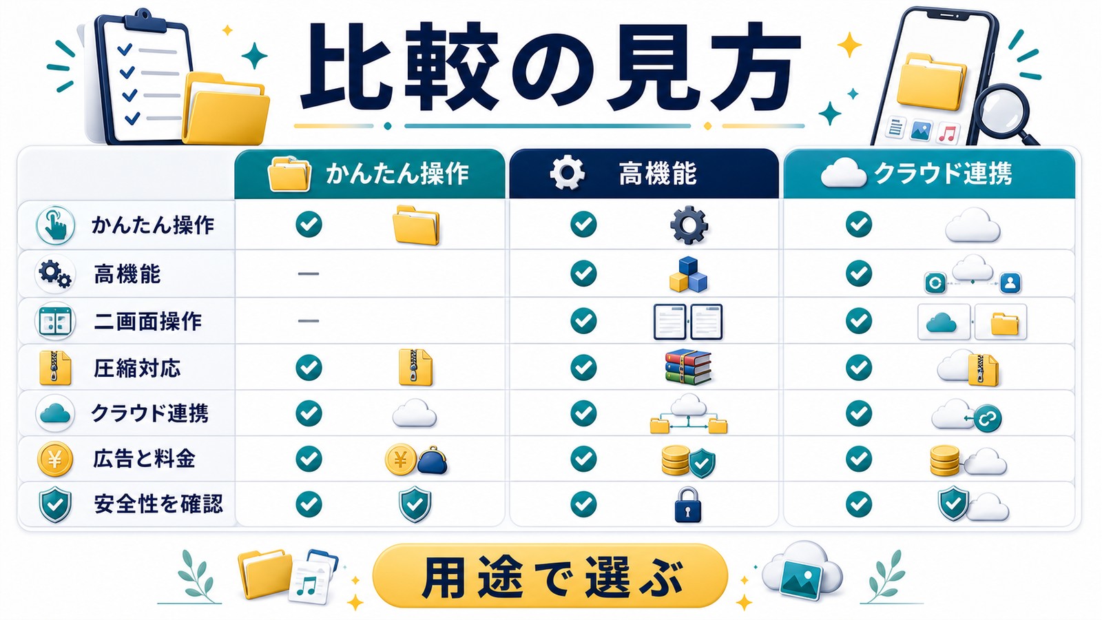 Androidファイル管理アプリを簡単操作高機能二画面操作圧縮対応クラウド連携広告料金安全性で比較する図解