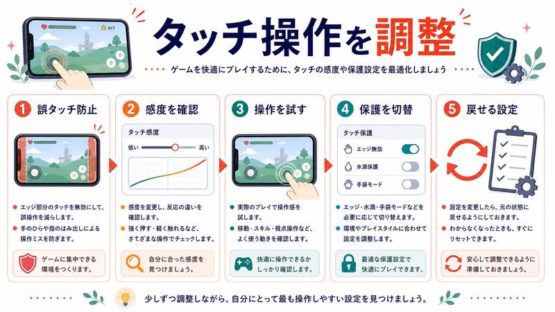 誤タッチ防止、感度確認、操作確認、保護切替、戻せる設定を整理した日本語図解