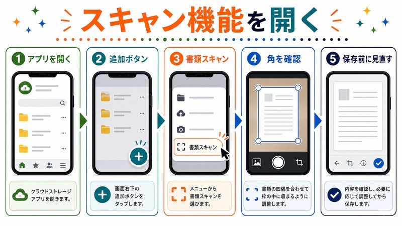 アプリを開き、追加ボタンから書類スキャンを選び、角を確認して保存前に見直す流れを示す日本語図解