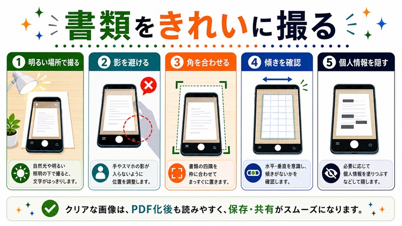 明るい場所で撮り、影を避け、角を合わせ、傾きを確認して個人情報を隠す流れを示す日本語図解