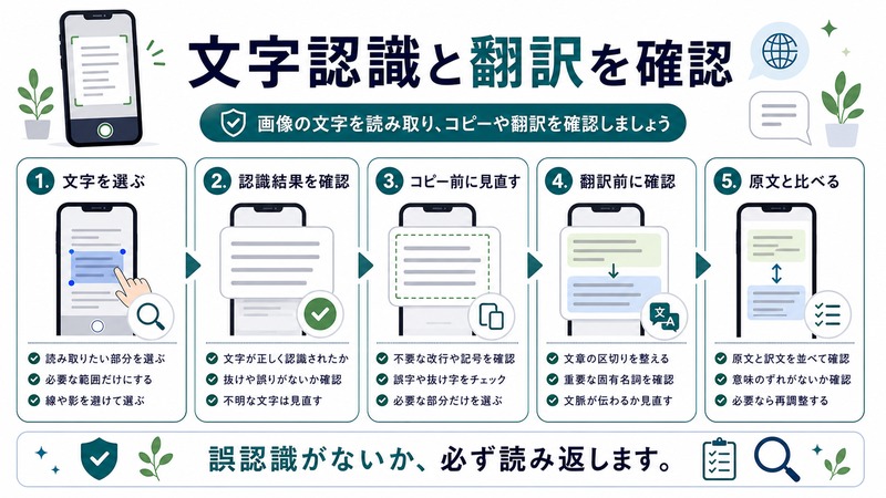 文字選択、認識結果確認、コピー前見直し、翻訳前確認、原文比較を整理した日本語図解