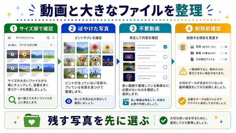 サイズ順、ぼやけた写真、不要動画、削除前確認を行い、残す写真を先に選ぶ日本語図解