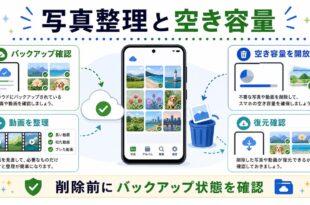 バックアップ確認、空き容量を開放、動画整理、復元確認を行い、削除前にバックアップ状態を確認する日本語アイキャッチ画像