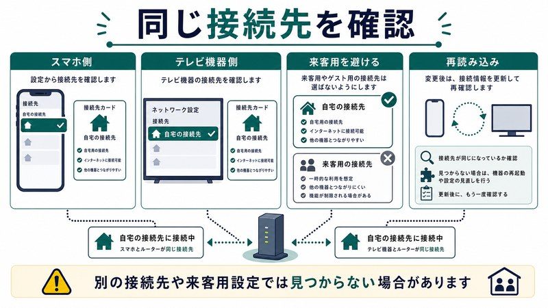 スマホ側、テレビ機器側、来客用回避、再読み込みを整理した日本語図解