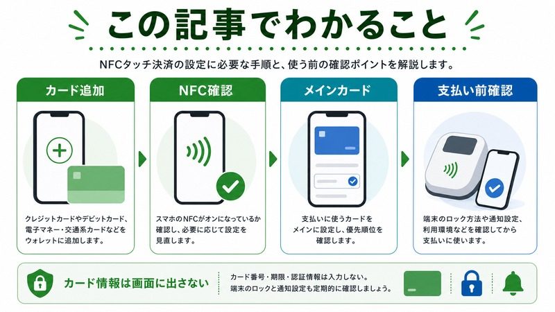 カード追加、NFC確認、メインカード、支払い前確認を整理し、カード情報を画面に出さないことを示す日本語図解