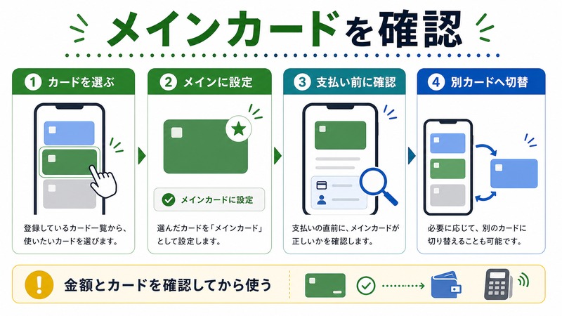 カードを選び、メインに設定し、支払い前に確認し、必要なら別カードへ切り替える日本語図解