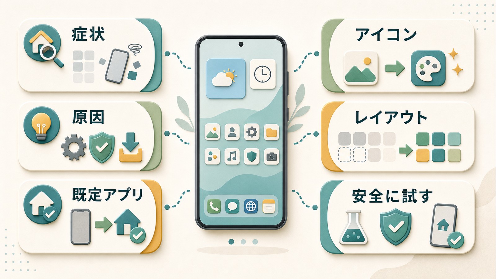 Androidホーム画面が変わった時に症状原因既定アプリアイコンレイアウト安全な試し方を確認する図解