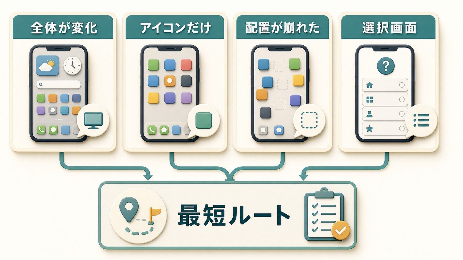 Androidホーム画面が全体的に変わったアイコンだけ変わった配置が崩れた選択画面が出る時の最短対処を整理した図解