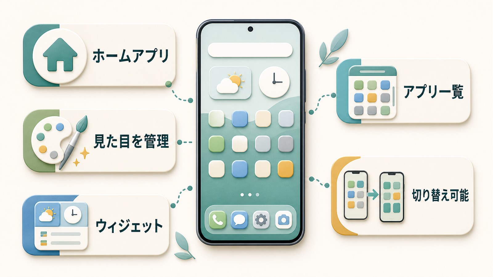 Androidのホームアプリが見た目アプリ一覧ウィジェット切り替えを管理する仕組みを示す図解