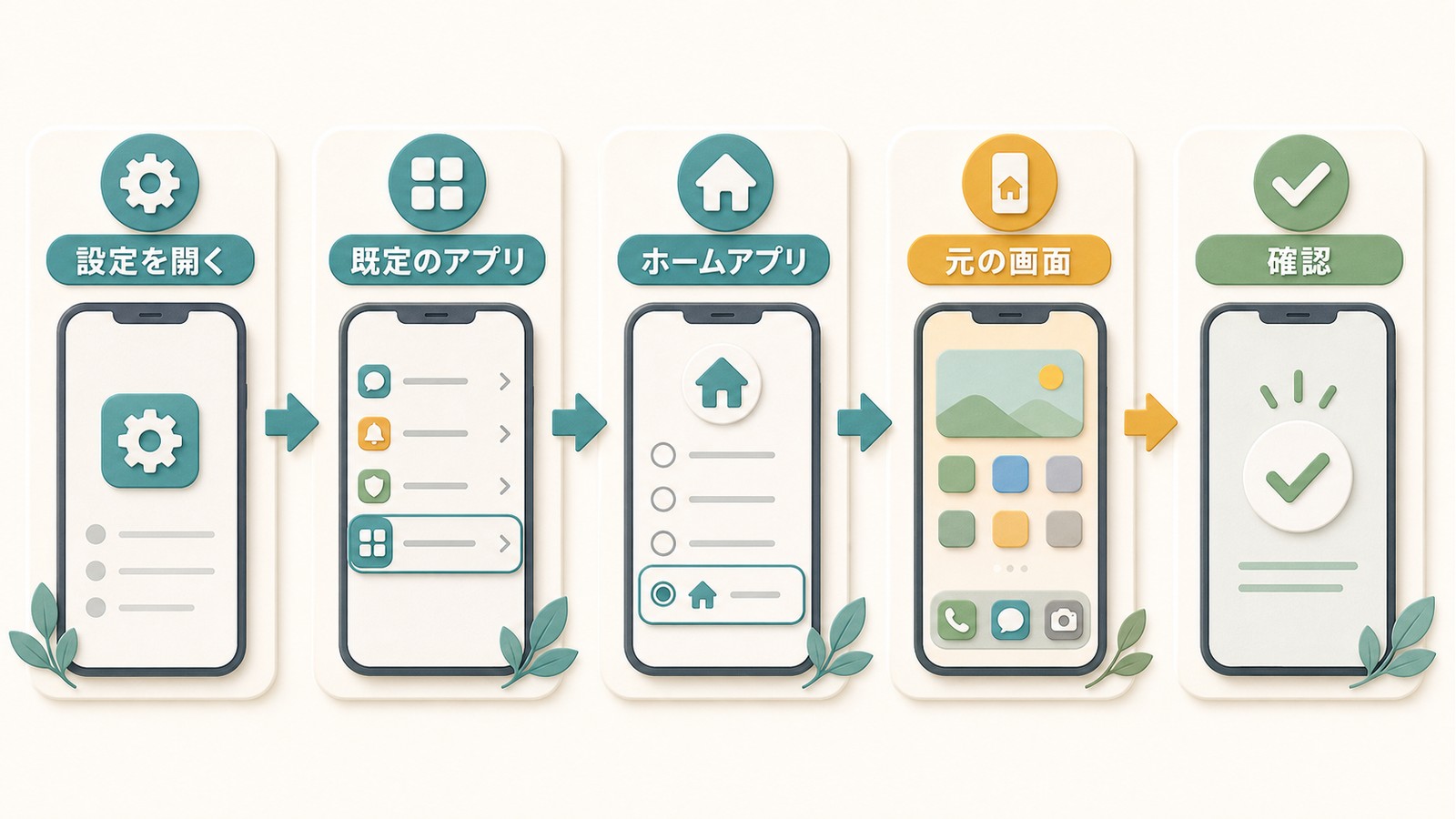 Androidで設定を開き既定のアプリからホームアプリを選び元の画面に戻ったか確認する図解