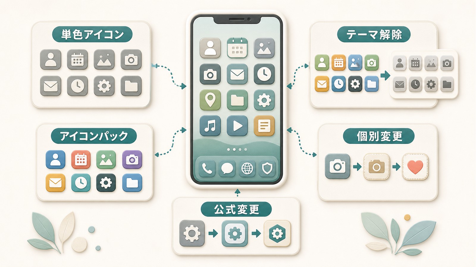Androidのアイコンが変わった時に単色アイコンテーマ解除アイコンパック個別変更公式変更を確認する図解
