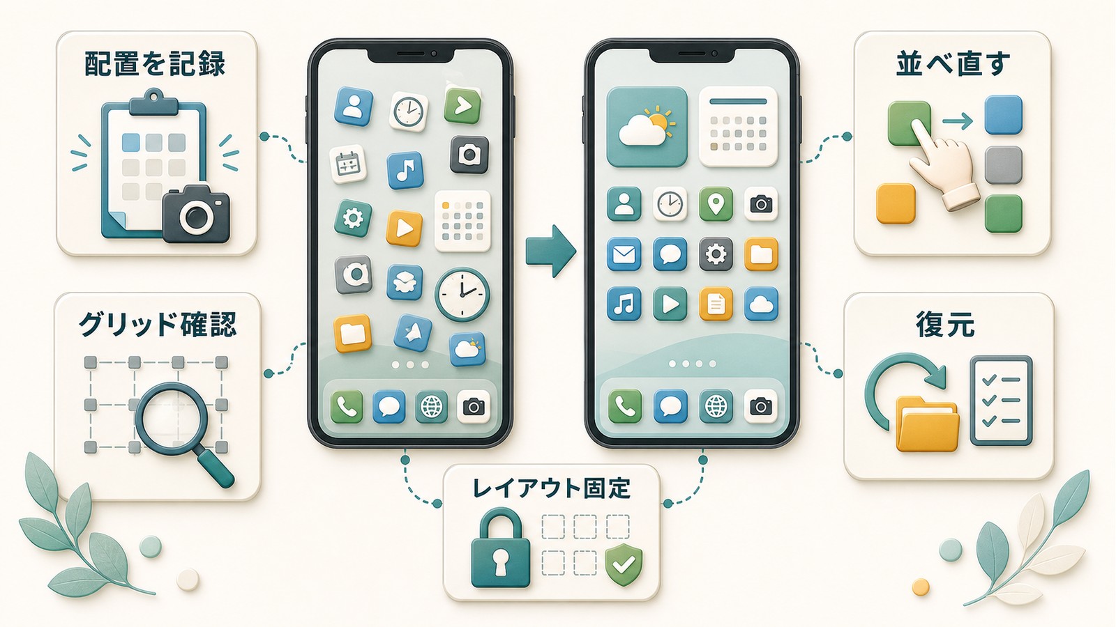 Androidホーム画面の配置を記録しグリッドを確認して並べ直し復元しレイアウト固定する図解