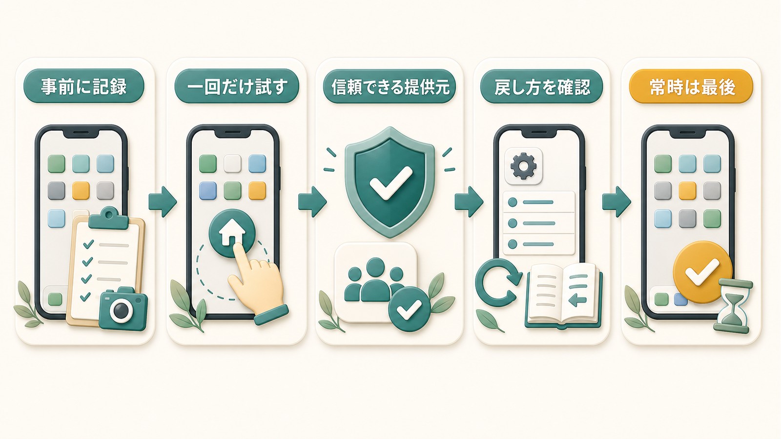 Androidでサードパーティ製ランチャーを試す前に記録し一回だけ試し信頼できる提供元と戻し方を確認する図解