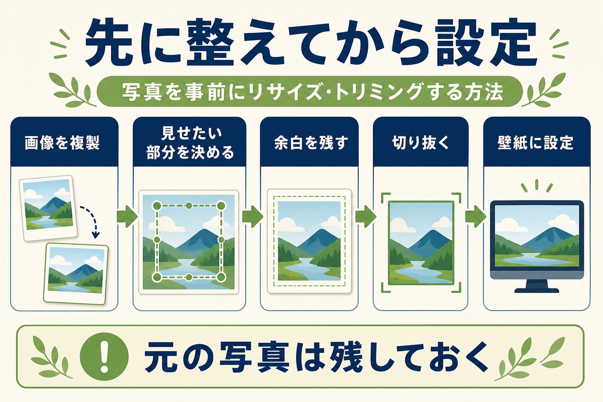 写真を先に整えてから壁紙に設定する流れをまとめた図解