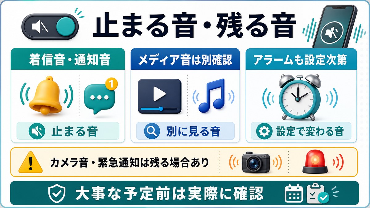Androidのマナーモードで止まる音と残ることがある音の種類を整理した図解