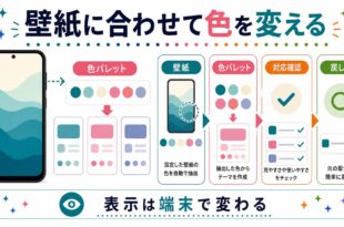 壁紙、色パレット、対応確認、戻し方を整理し、表示は端末で変わることを示す日本語アイキャッチ画像