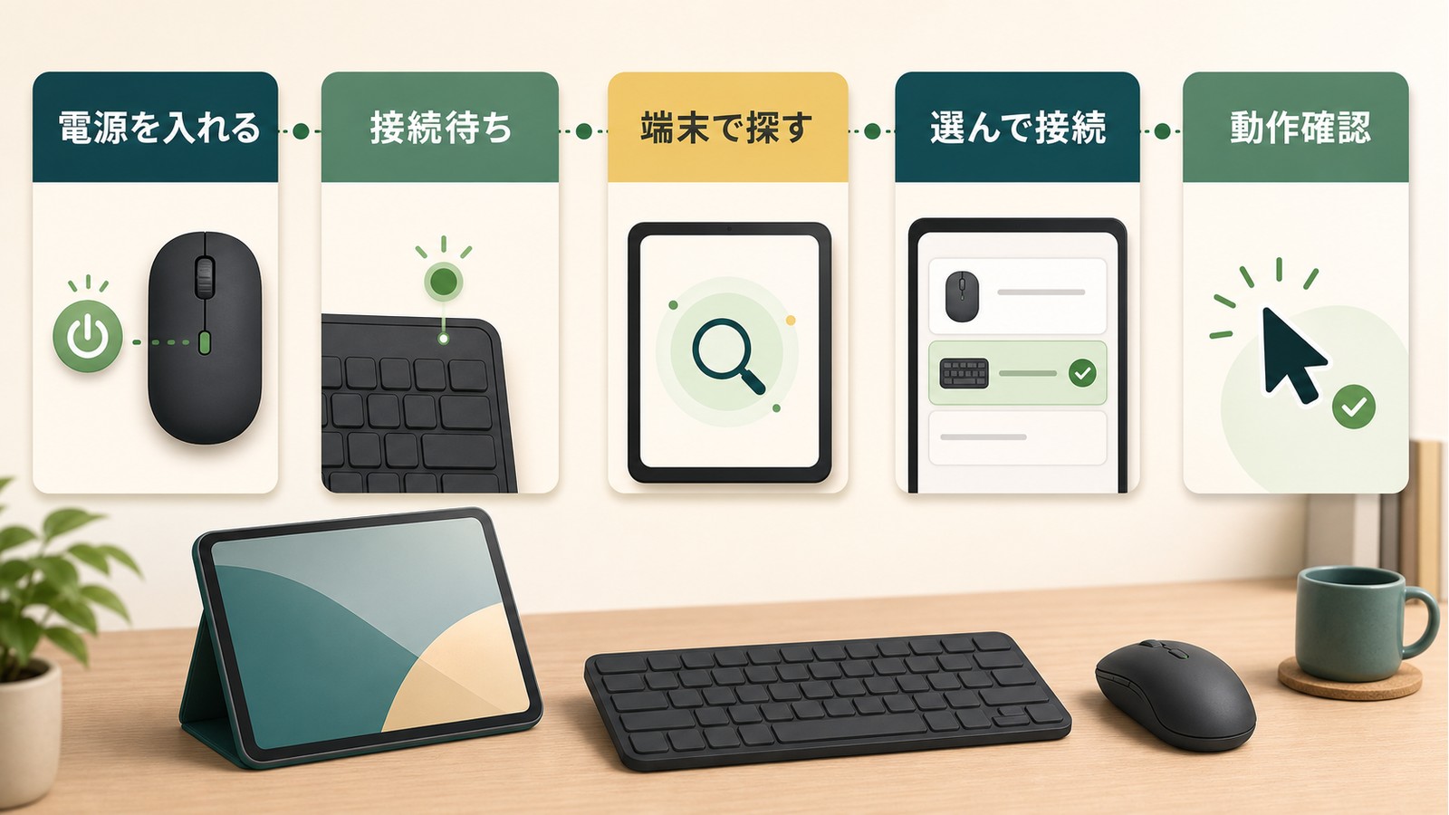 Androidと無線マウスやキーボードを電源接続待ち端末検索選択接続動作確認の順でペアリングする図解