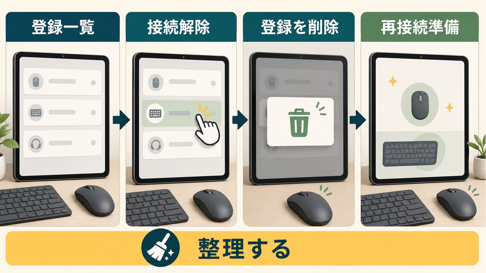 Androidで登録一覧から無線マウスを選び接続解除登録削除再接続準備まで整理する図解