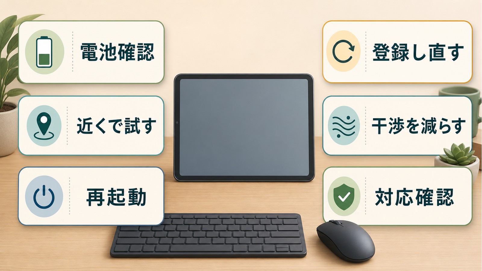 AndroidでBluetoothマウスが接続できない時に電池確認近くで試す再起動登録し直す干渉を減らす対応確認を行う図解
