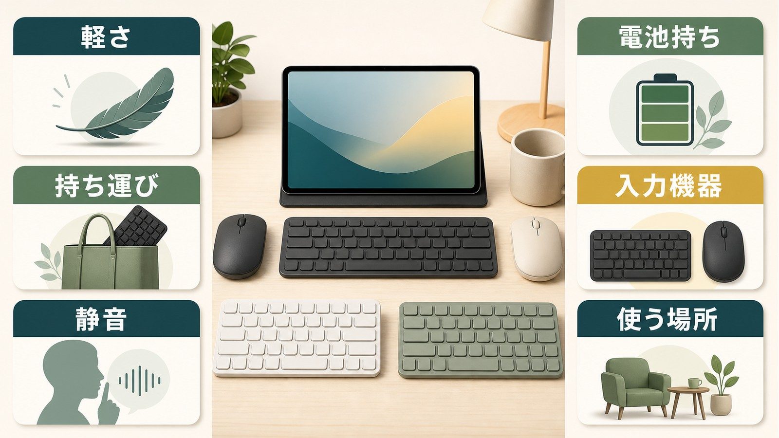 Androidで使うBluetoothマウスとキーボードを軽さ持ち運び静音電池持ち入力機器使う場所で選ぶ図解