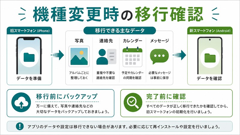 写真、連絡先、カレンダー、メッセージ、移行前バックアップ、完了前確認を整理した日本語図解